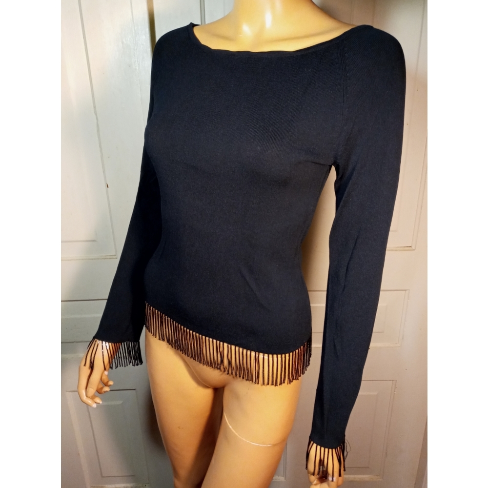 Beaded fringed The Limited sweater long sleeve top wide boat neckline bateau S M